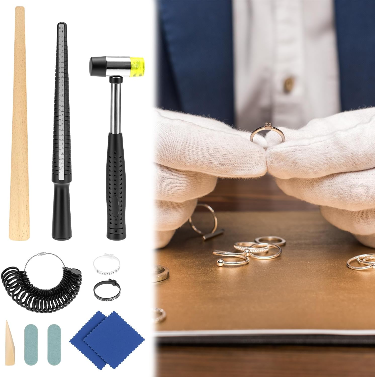 QWORK Ring Sizer Measuring Tool Kit, Aluminum Mandrel & 27 PCS Stainless Steel Measurement Rings, Reusable Belts 1-17, US Sizes 0-13 for Precise Jewelry Sizing