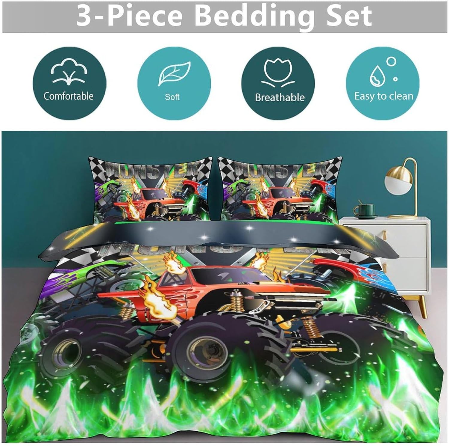 Racing Car Bedding Duvet Cover Set for Boys,Cartoon 3D Fleet Racing Car Stadium Game Cool Green Flame Monster Truck Bedding Comforter Set with Pillowcase,Twin 86"x70"