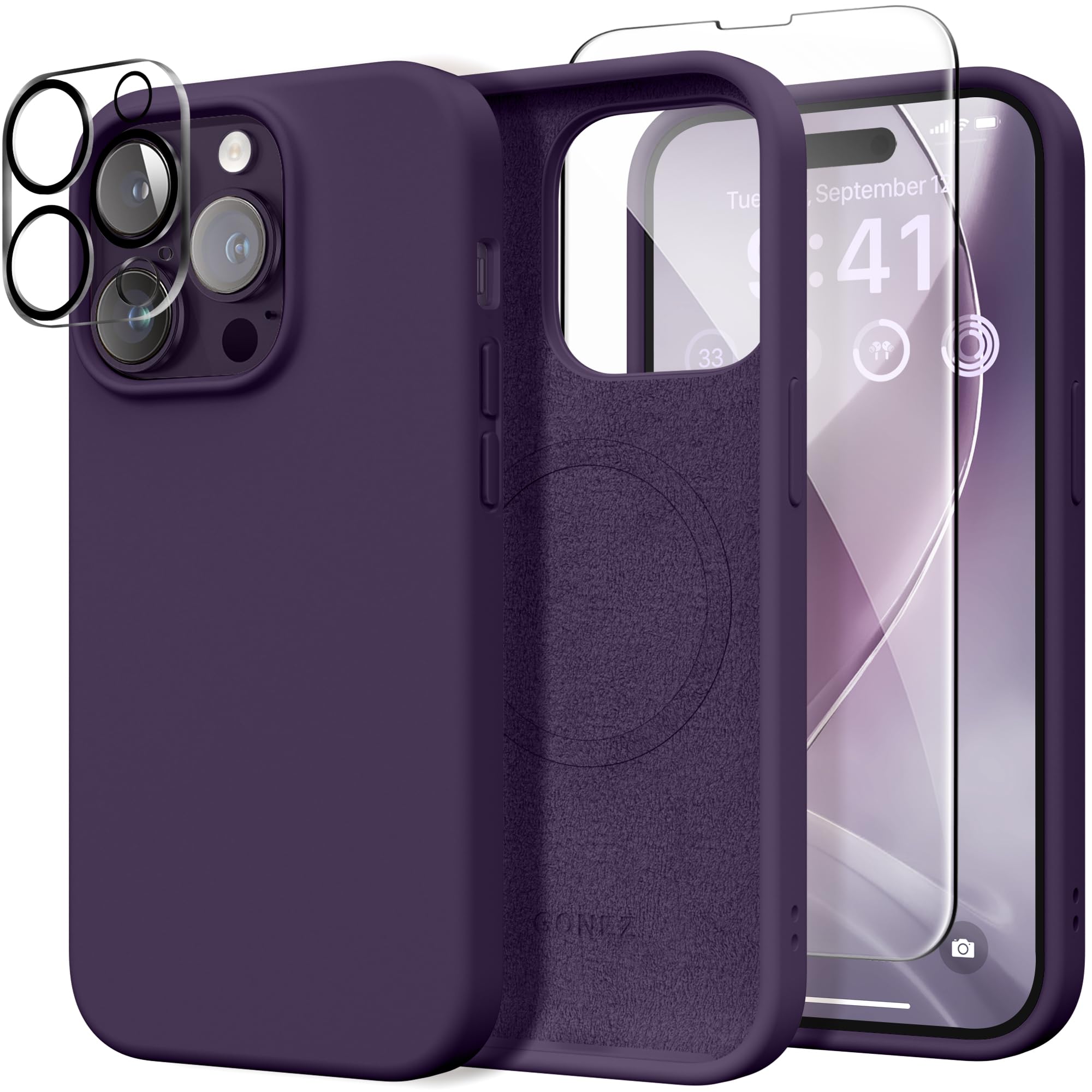 GONEZ for iPhone 14 Pro Case, Compatible with Magsafe, with Screen Protector + Camera Lens Protector, Soft Anti-Scratch Microfiber Lining, Shockproof Liquid Silicone Phone Cover, Deep Purple