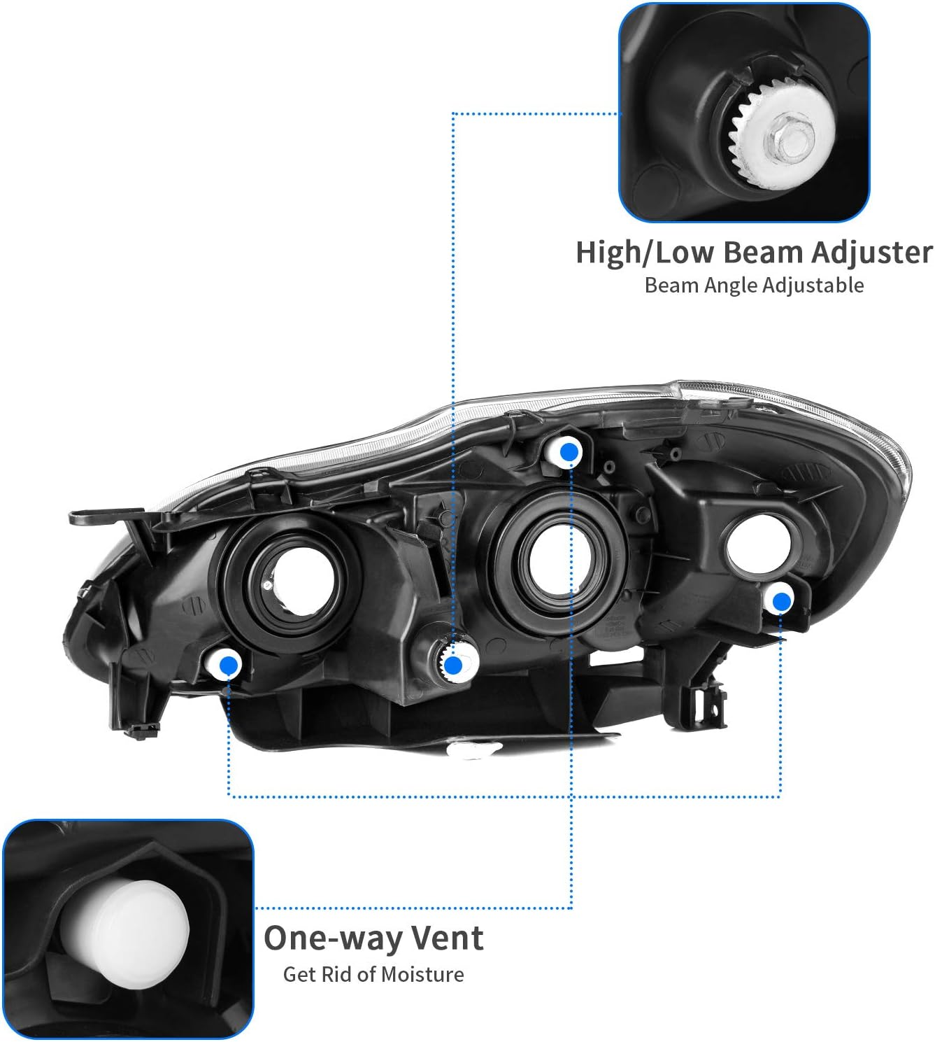 DWVO Headlight Assembly Compatible with 2003 2004 2005 2006 2007 2008 Corolla Headlamps Replacement Black Housing Amber Reflector