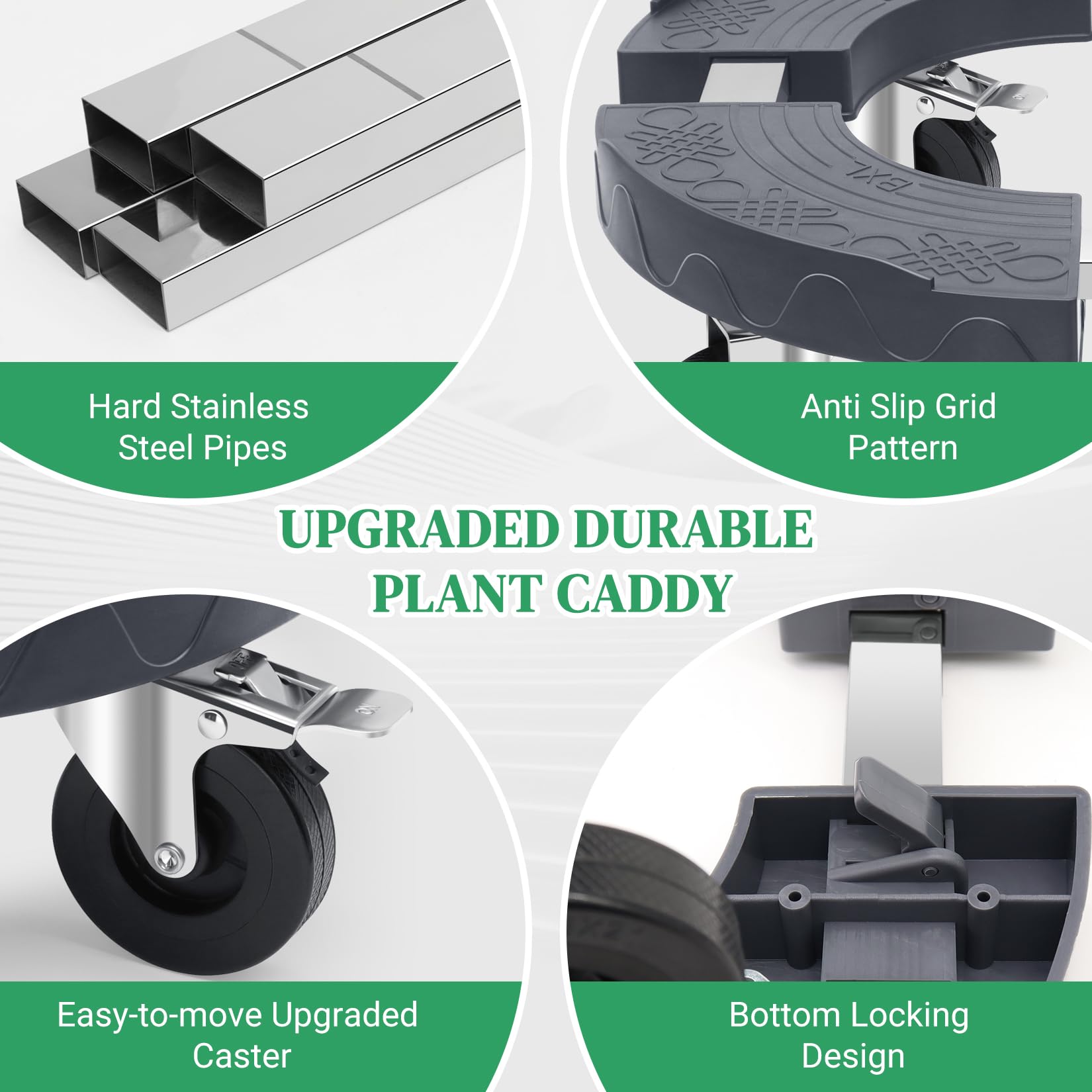 Soporte para Plantas de 220KG de Capacidad, Adjustable Plataforma para Macetas de Peso Pesado, Rodillo para Plantas con Tubo de Acero Inoxidable, Base con Ruedas PE para Sombrillas, Gris