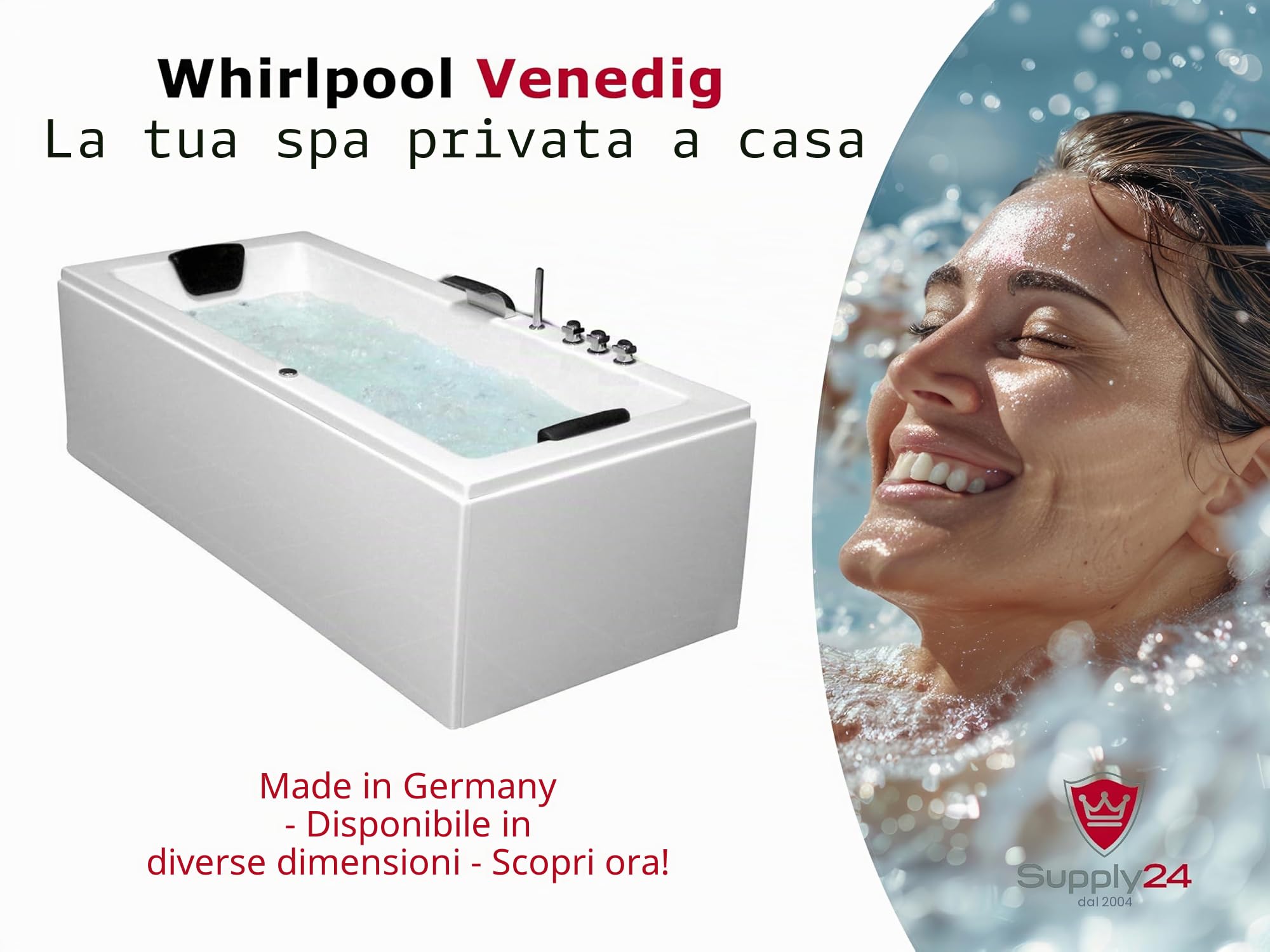 Whirlpool Vasca Venezia Made in Germany Destra o Sinistra 150/160/170 x 75 cm con 6 Massaggio Ugelli + con Rubinetti Runde Destro/Sinistra Vasca Angolare