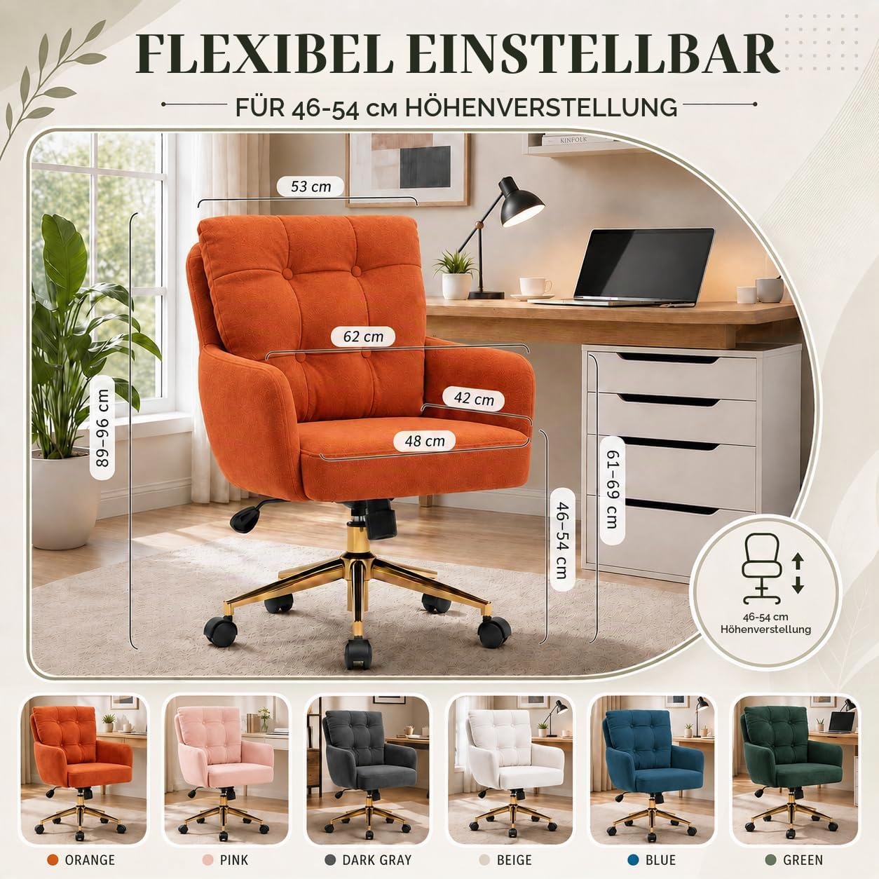 Schreibtischstuhl Polsterstuhl Samt, 360° Drehstuhl mit Rollen, Armlehnstuhl Höhenverstellbar mit Metallbeinen und Kissen, Bürostuhl (Orange)