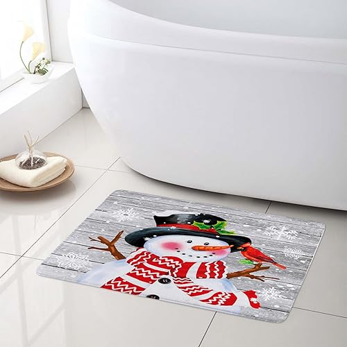 Miniatura 6 de LB Tapete de baño de muñeco de nieve de Navidad para baño, copos de nieve blancos de vacaciones de invierno sobre tablas de madera gris rústicas,