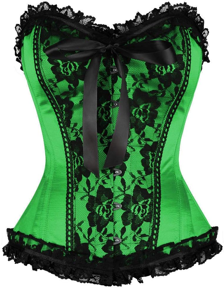 Green Satin Black Net Gothic Plus Size Costume Waist Training Overbust Corset
