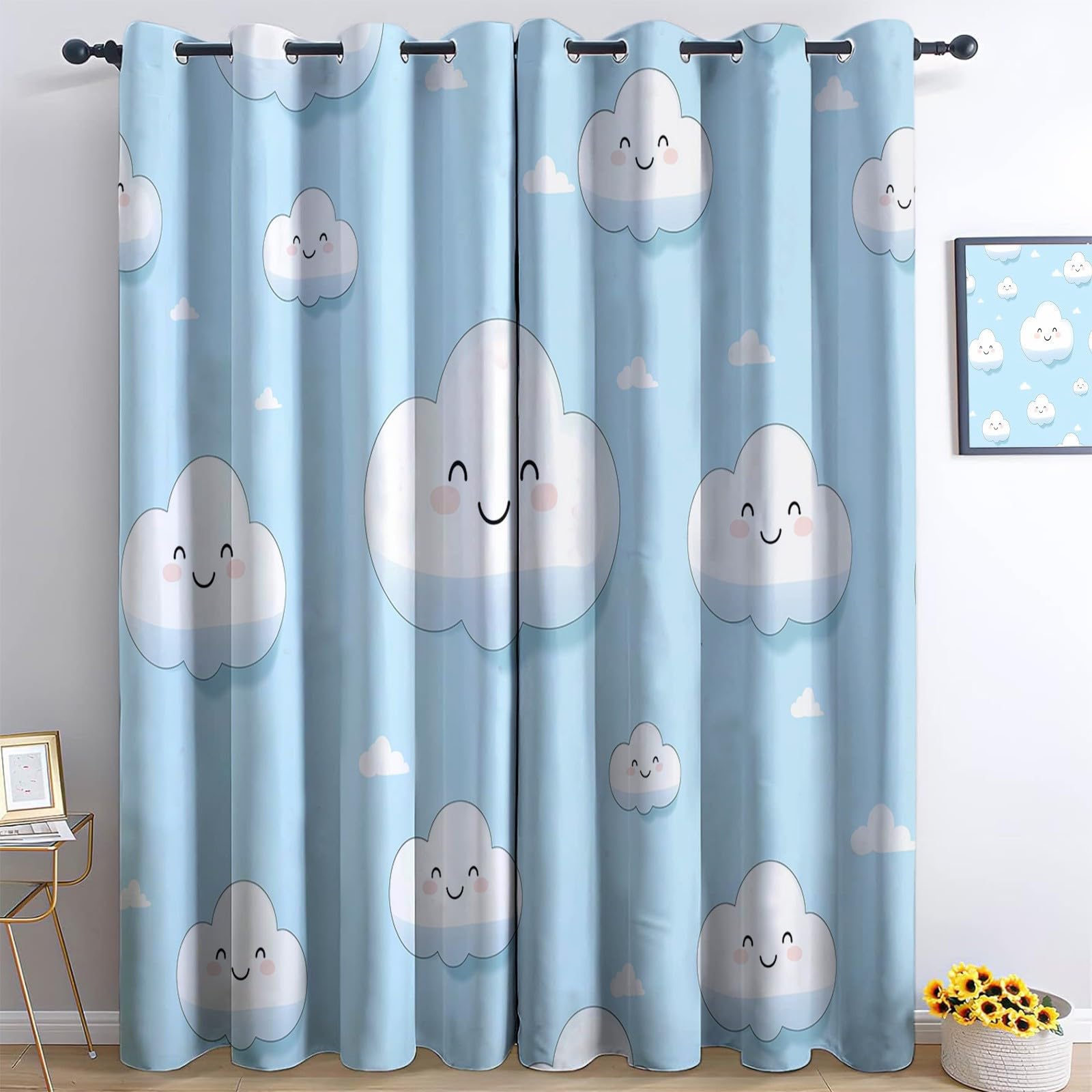 Blackout Blue Saving Curtains Cartoon Clouds 2 Panels Drapes Eyelet Thermal Insulated Print Bedroom Darkening Curtains For Living Room 46” W x 54” L