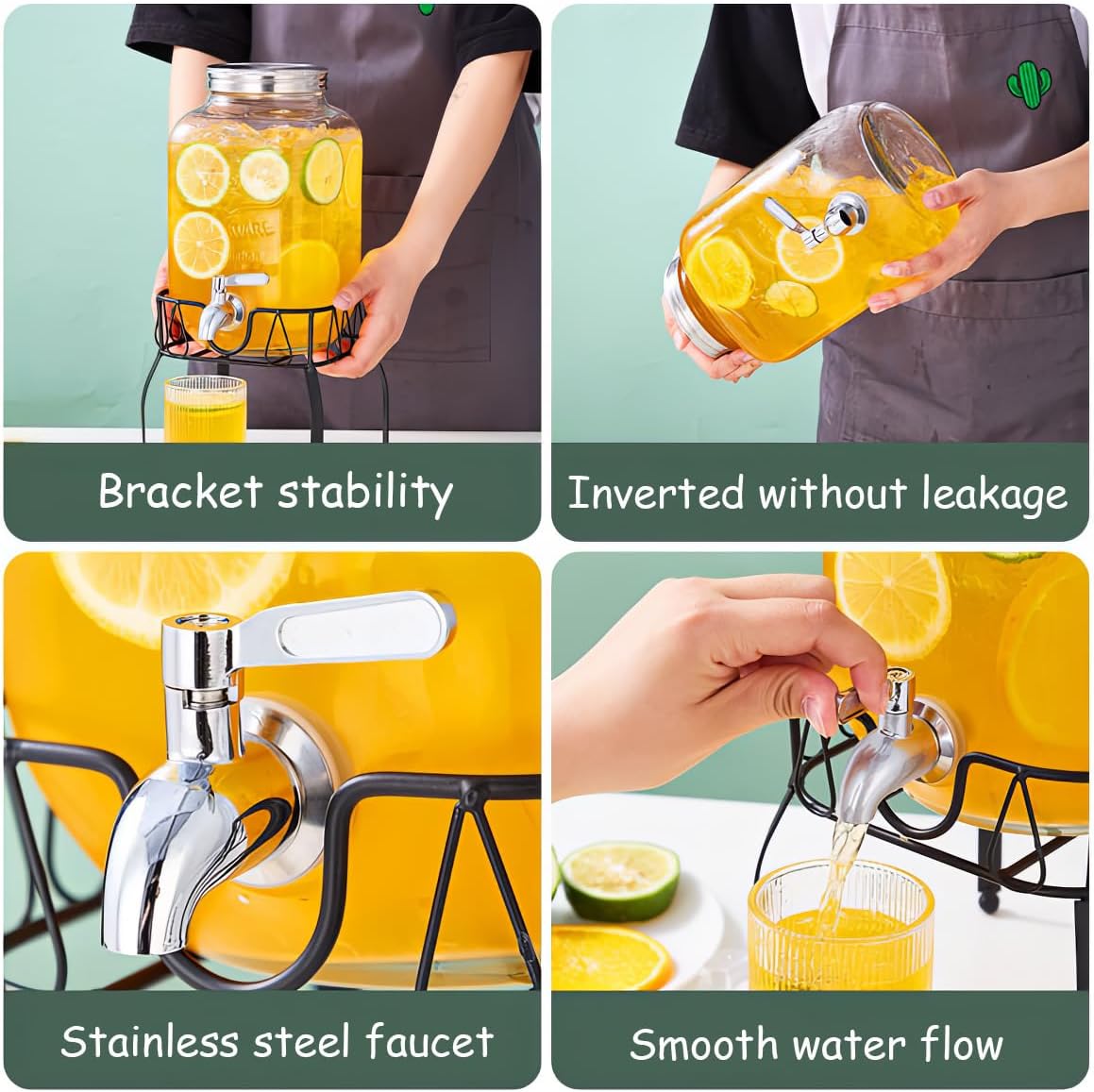 2 Gallon Drink Dispenser for Parties，Glass Beverage Dispenser with Stand and Stainless Steel Spigot，lemonade Dispenser，Clear Drink Dispenser for Outdoor, Weddings and Bar Decoration