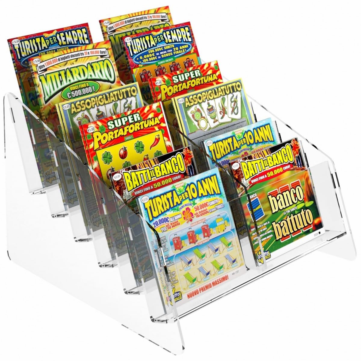 Espositore gratta e vinci da banco in plexiglass trasparente a 12 tasche - Misure: 25 x 26 x H18 cm