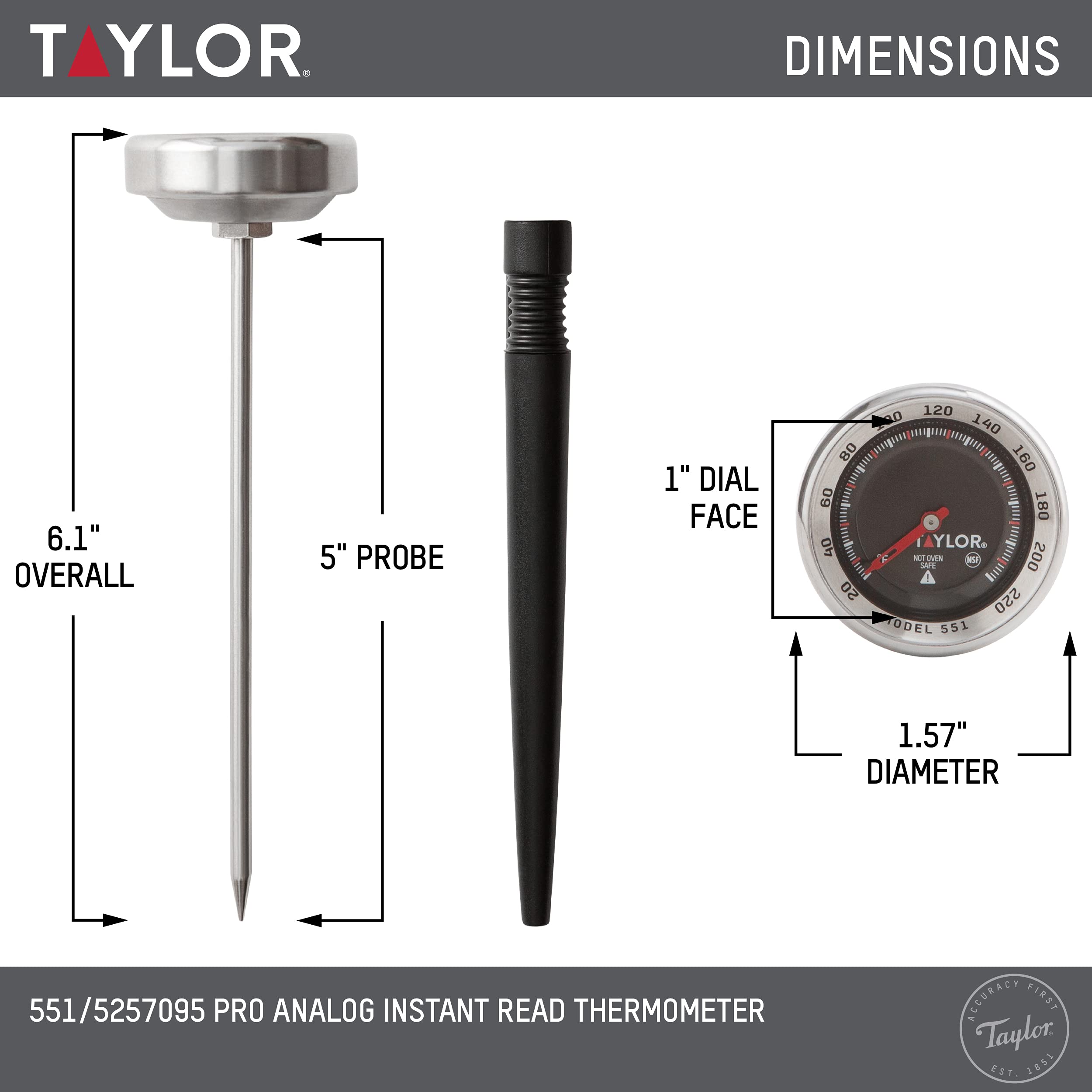 Taylor Pro Series Analog Instant Read Thermometer, Temperature Monitoring: 120F to 220F, Black - Image 3