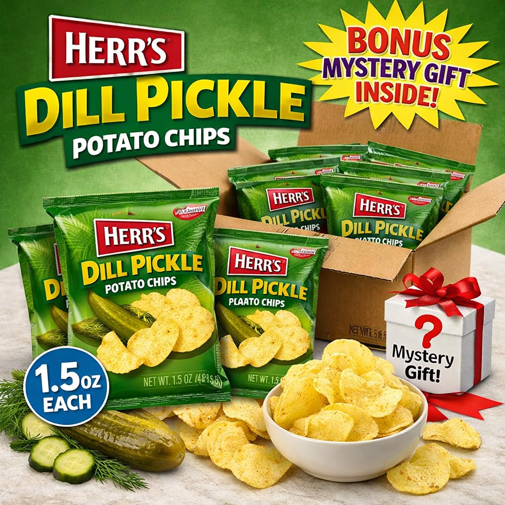 Herrs Dill Pickle Potato Chips Snack Bags – 1.5 oz Each [Pack of 12] | Crunchy & Tangy Potato Chips | Single-Serve Snack Packs | Bulk Chips Variety Bundle with Mystery Gift – SUPERDEALS Value Pack