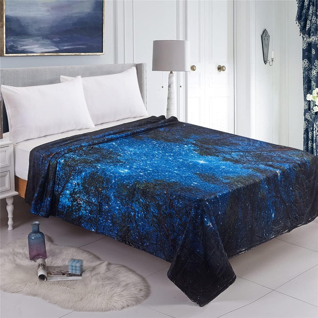 Throw Blanket, Starry Night Galaxy Forest Trees Fleece Throw Blanket for Couch Sofa Bed Chair Bed Camping Travel for Couples Man Women, 80 x 60 inch