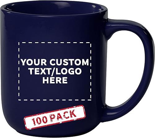 DISCOUNT PROMOS Juego de 100 tazas de cerámica brillante de colores vibrantes, 16 onzas, texto personalizable, logotipo, gres, vasos para bebidas,