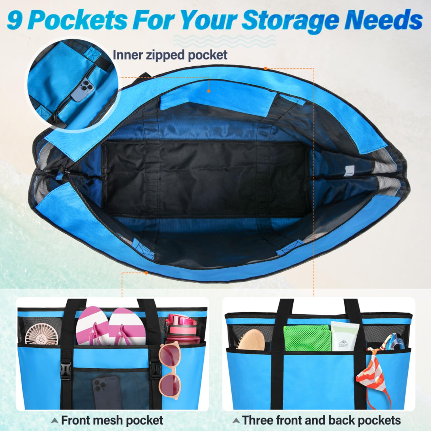 RAINSMORE Grand Sac de Plage Femme XXL en Maille avec Fermeture Éclair Tout de Plage Pliable Anti-Sable Imperméable Sac Cabas Plusieurs Poches de Rangement pour Plage Voyages Gym Piscine Bleu