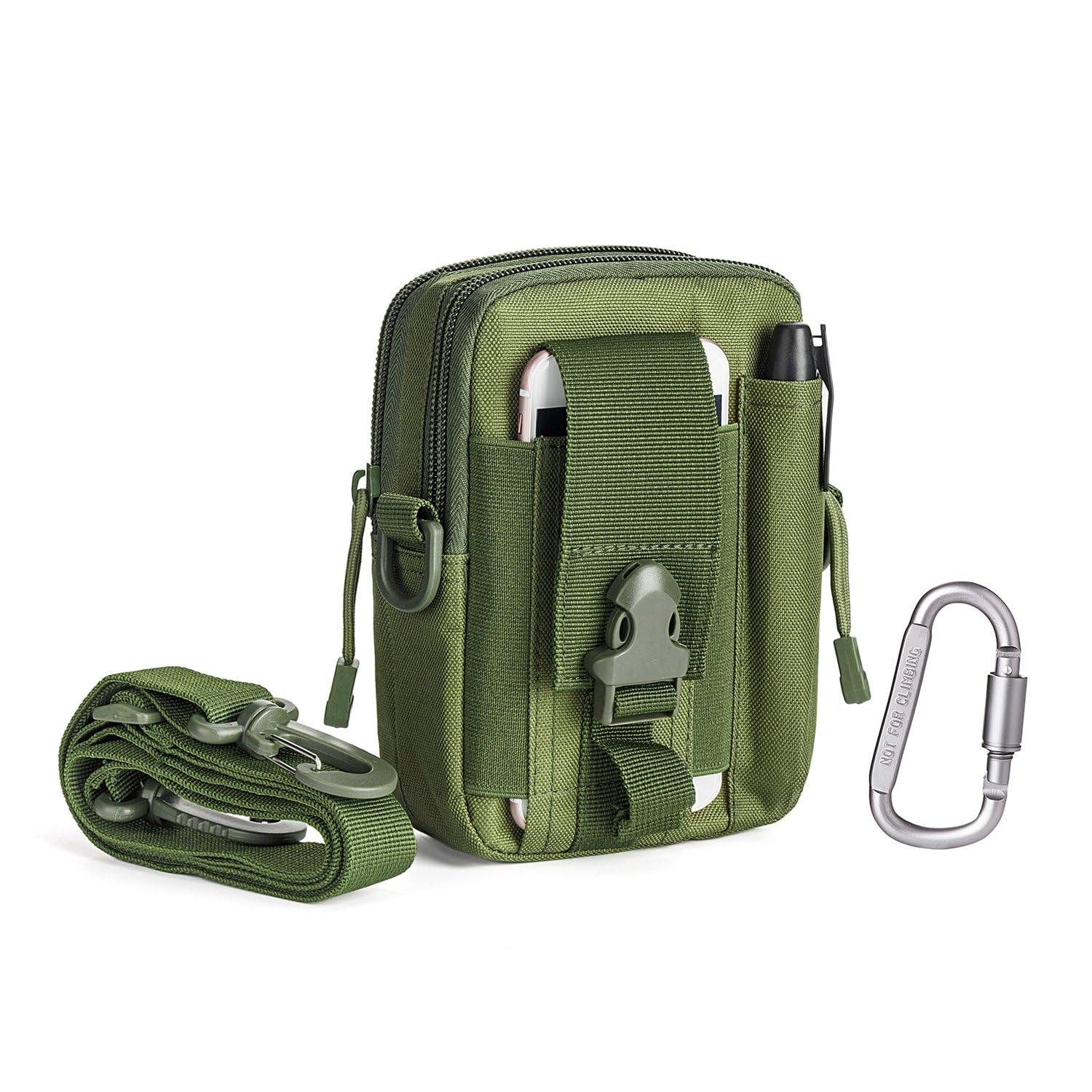 Tactical Mobile Pouch for Men | Army Green Nylon Waist Bag with Adjustable Shoulder Strap & Carabiner | Multi-Pocket Outdoor Belt Bag for Phone, Travel, Hiking & Camping (Green)