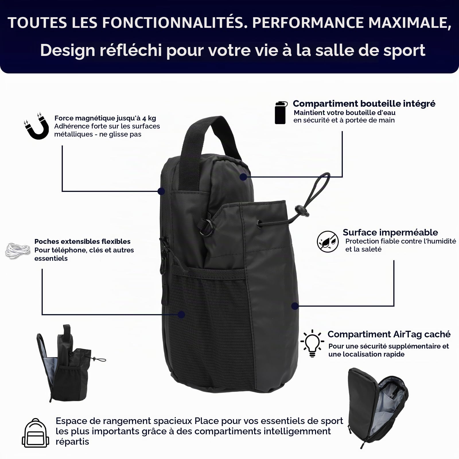 Sac Magnétique Sport avec Fixation Aimantée, Sac de Gym Magnétique, Porte Bouteille et Gourde, Sac Banane Gym avec Bandoulière Ajustable, Sac de Gym Portable, Porte Bouteille d'eau pour Homme Femme
