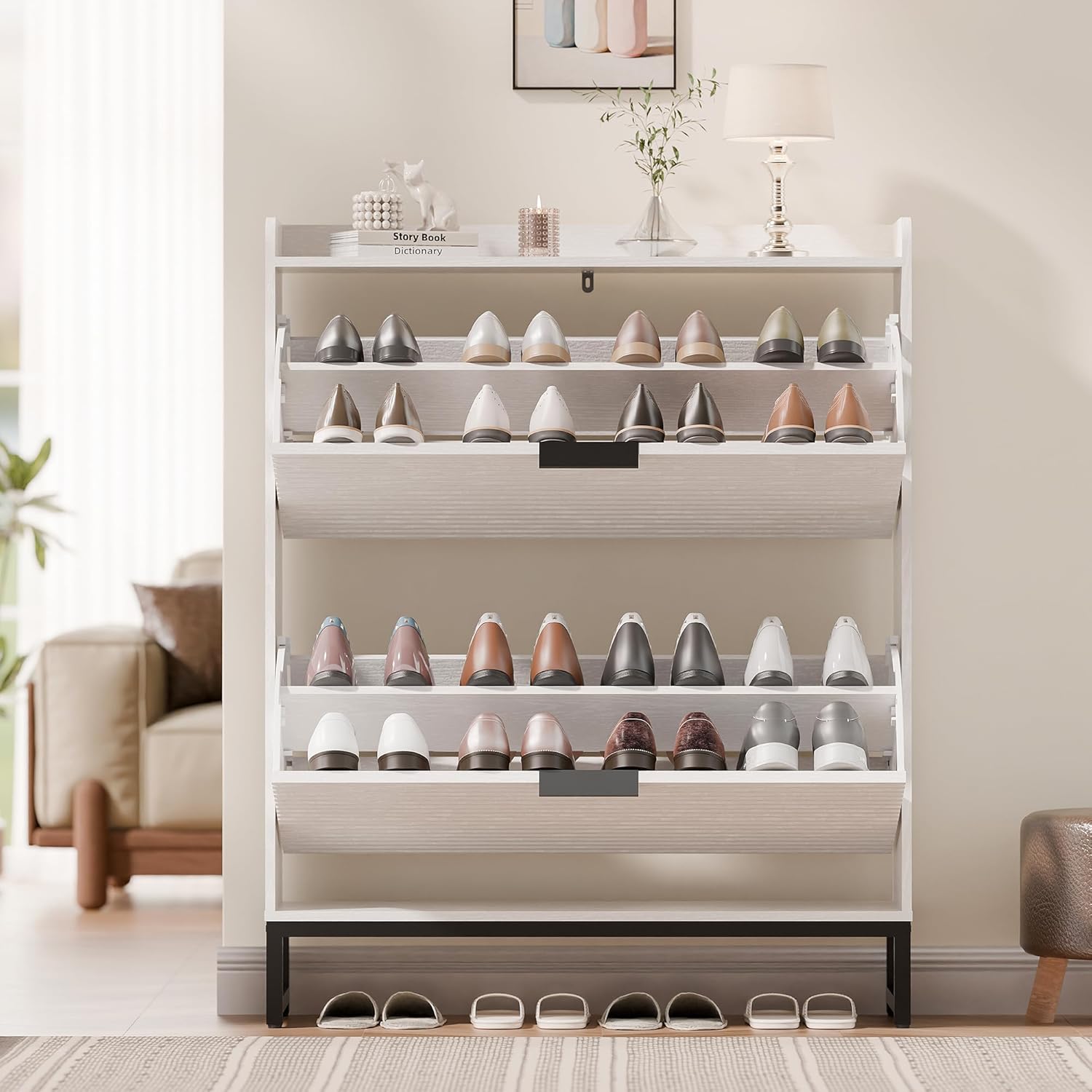 MU Shoe Storage Cabinet with 2 Flip Drawers, Freestanding Fluted Shoe Cabinet, Narrow Wood Shoe Cabinet, Hidden Shoe Organizer with Metal Legs for Entryway, Foyer, Hallway, White