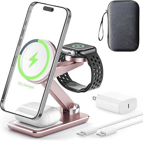 Miniatura 8 de Cargador inalámbrico 3 en 1, estación de carga inalámbrica plegable para cargador MagSafe de Apple, soporte de carga magnético portátil de aluminio