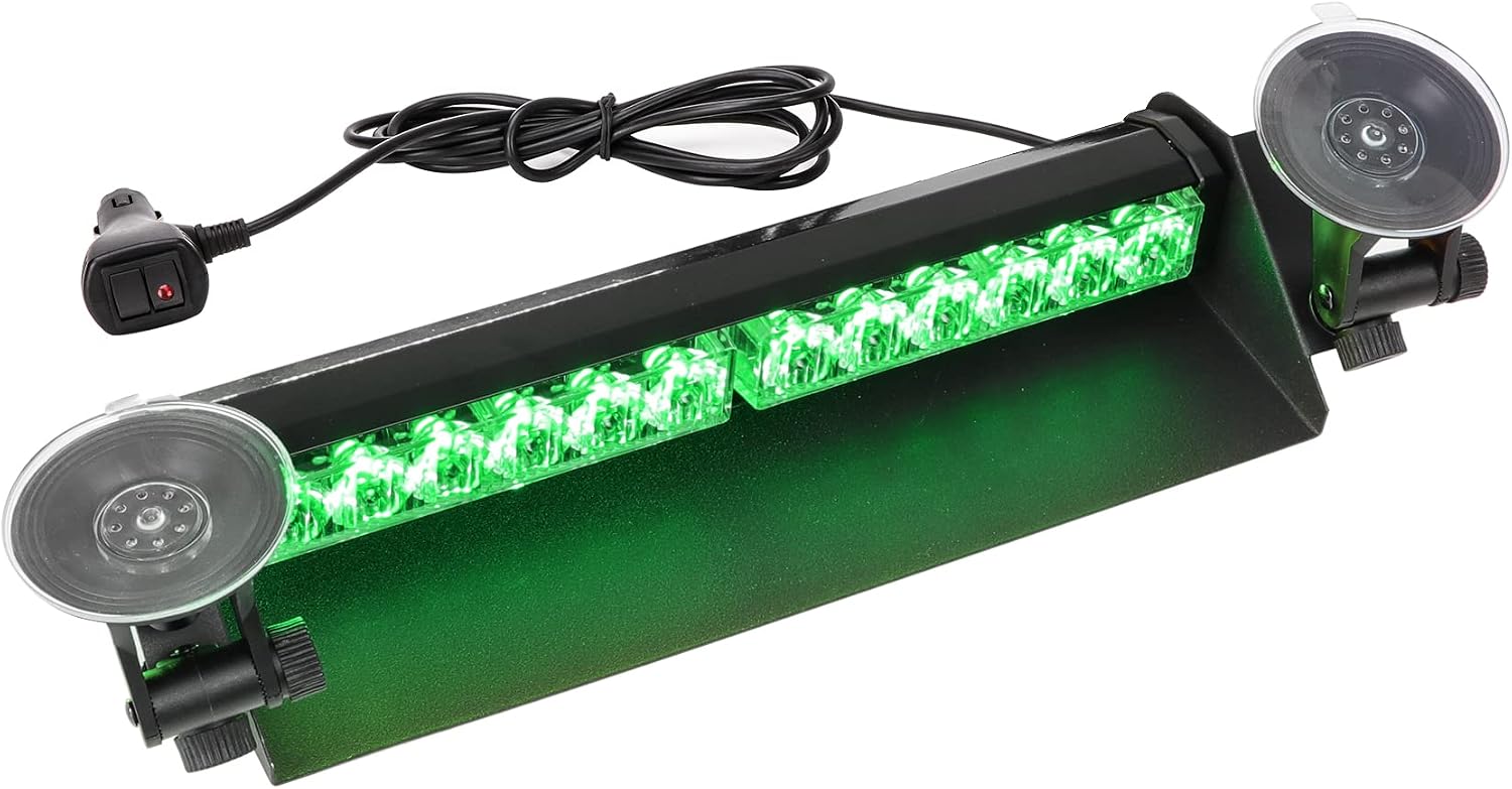 SMALLFATW Portable Emergency Light 15” 12 LED 9 Flashing Modes 4 Powerful Suction Cups, Super Bright Mini Visor Strobe Light Bar, Dash Windshield Warning Light for Vehicles Car Truck, Green 1PCS