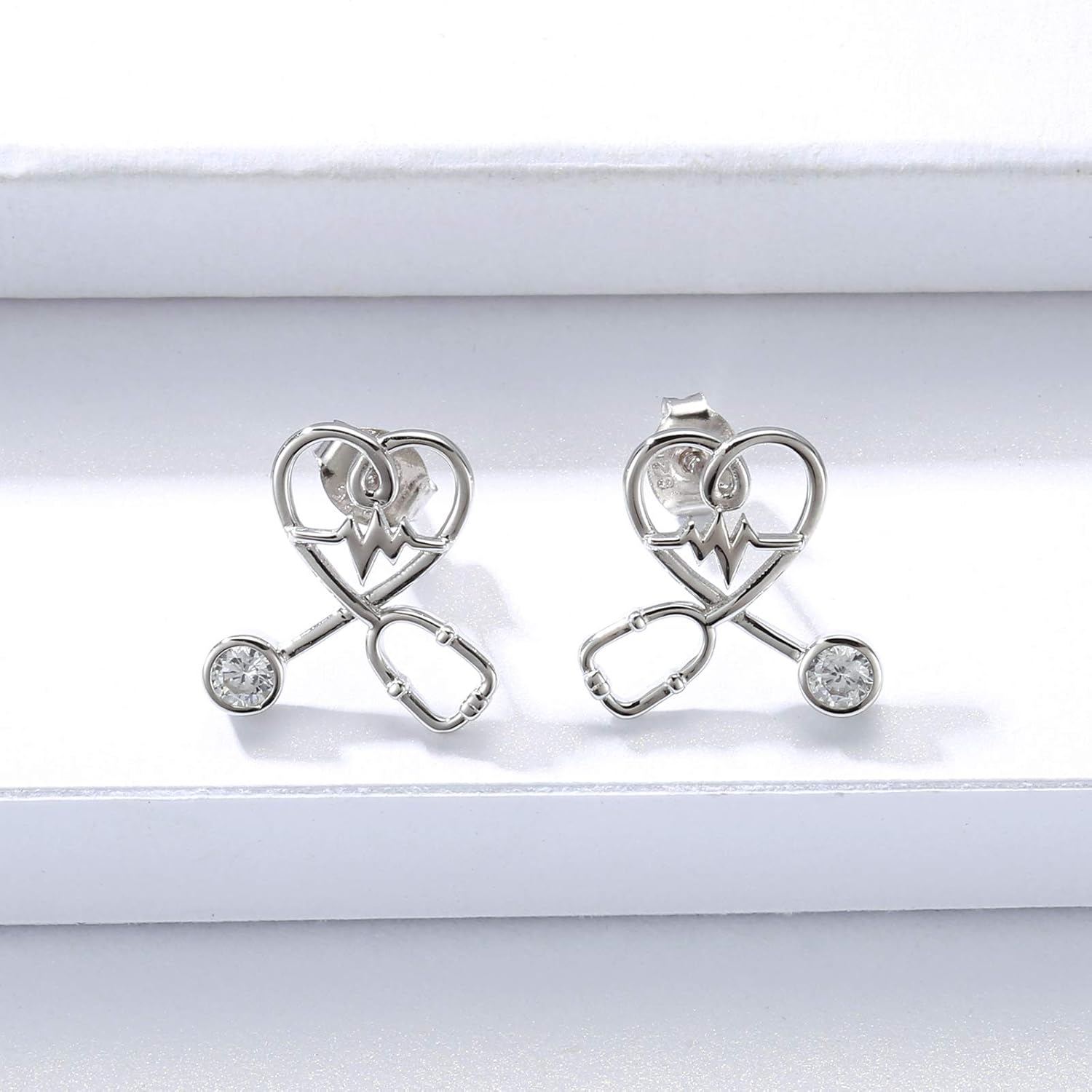 Sariel Stethoscope EKG Medicine Birthstone Stud Earrings Rings Nurses Week Gift 925 Sterling Sliver Heart Women Jewelry Gift for Medical Student Doctor Nurse