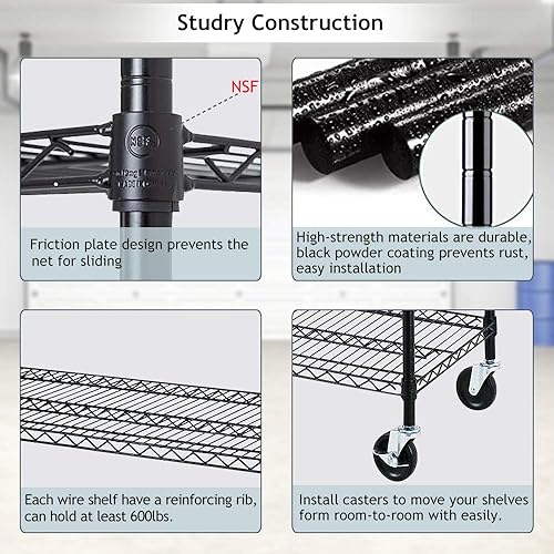 Miniatura 4 de Estantería de alambre resistente de 6 niveles, estante de almacenamiento ajustable sobre ruedas, capacidad de peso de 6000 libras, estantes de