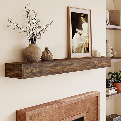 Mantel de chimenea de 60 pulgadas, estante de madera maciza con soportes ocultos, estantes flotantes para decoración de pared, dormitorio, TV, sala