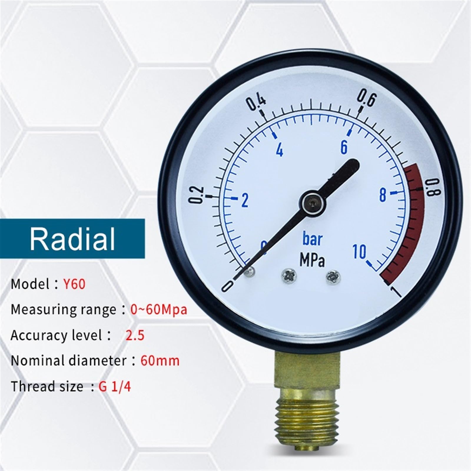 0–60 MPa Manometer für Hydraulik, Wasser, Öl, Luft, radial, axial, Durchmesser 60 mm, Gewinde G1/4 Manometer (Farbe: One Fourth-Radial, Größe: 0–6 MPa)