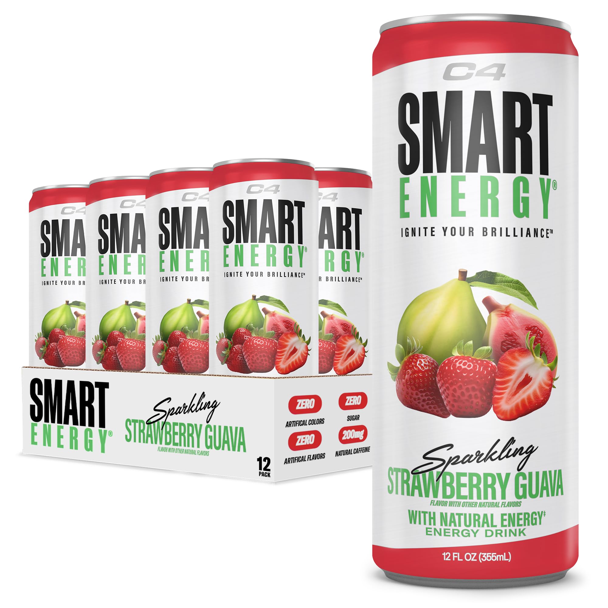 C4 Smart Energy Drink - Sugar Free Performance Fuel & Nootropic Brain Booster, Coffee Substitute or Alternative | Strawberry Guava 12 Oz - 12 Pack