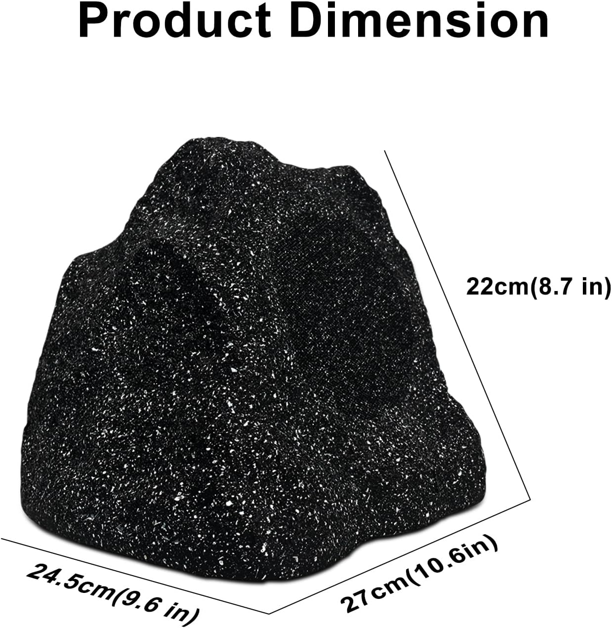 Product dimensions of the Herdio rock speaker, showing height, width, and depth measurements.