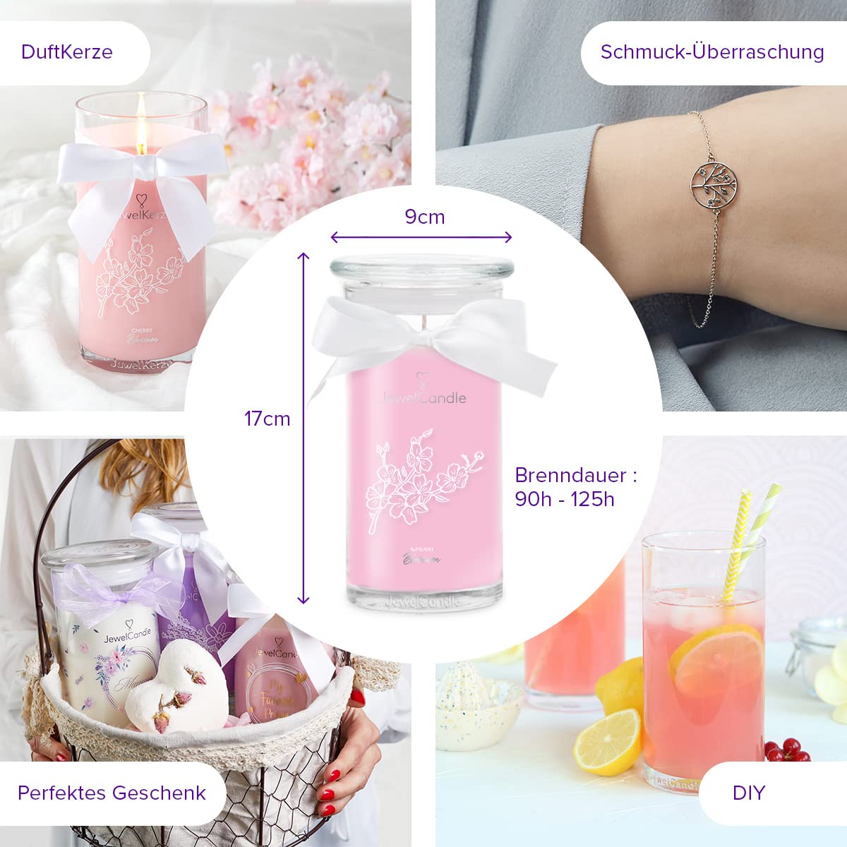JuwelKerze Cherry Blossom Armband Silber - Schmuckkerze 80 Std - große Duftkerze mit Blumigem Duft - rosane Kerze mit Schmuck Überraschung - Geschenke für Frauen, Geburtstag