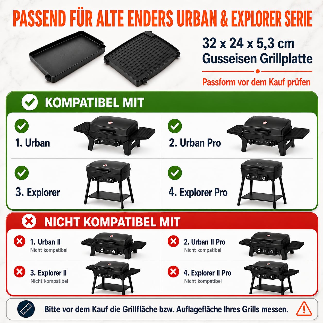 Uniflasy Gusseisen Grillplatte 32 x 24 cm kompatibel mit Enders Urban, Urban Pro, Explorer, Explorer Pro, Guss-Wendeplatte 1/2 Grillfläche, Grillpfanne Plancha 2075, nicht Urban II/Explorer II