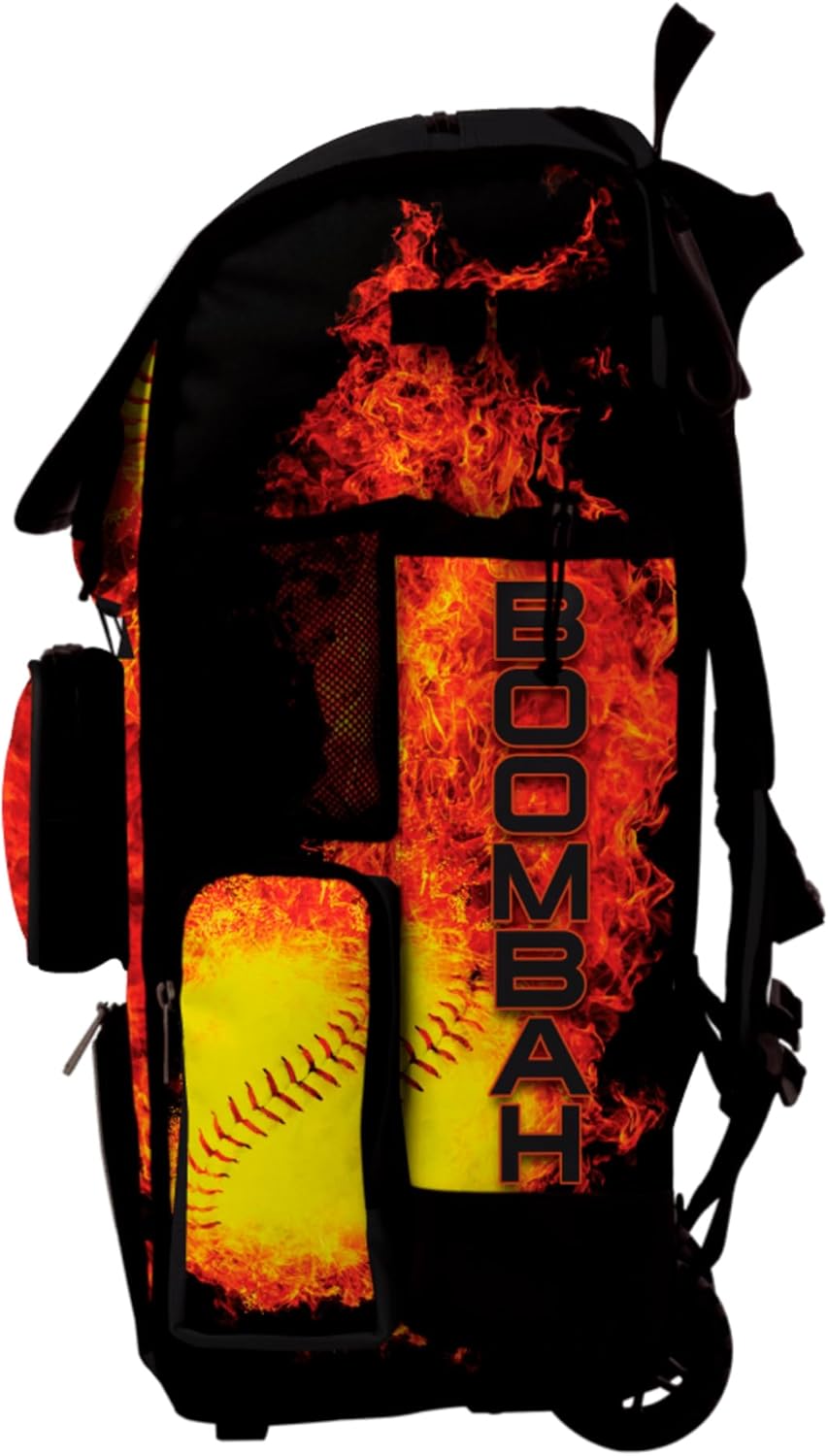 Boombah Superpack Hybrid Rolling Bat Bag - Wheeled & Backpack Version - Softball Flame Thrower Black/Orange