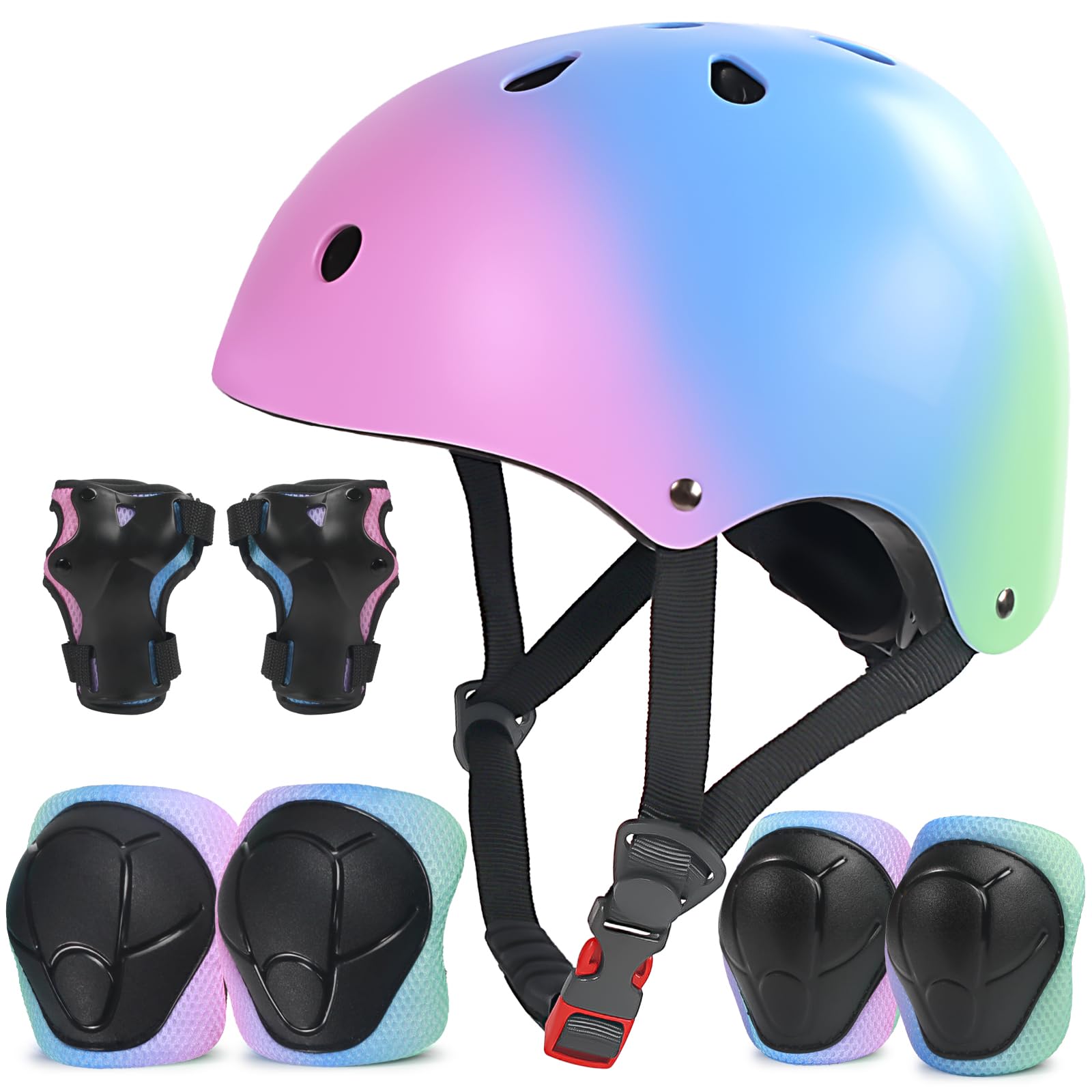 LANOVAGEAR Kask dziecięcy z ochraniaczami na kolana, ochraniacze na łokcie, nadgarstki, zestaw ochraniaczy, kask dziecięcy 7 w 1, do jazdy na deskorolce, rowerze, skuterze, deskorolce, deskorolce