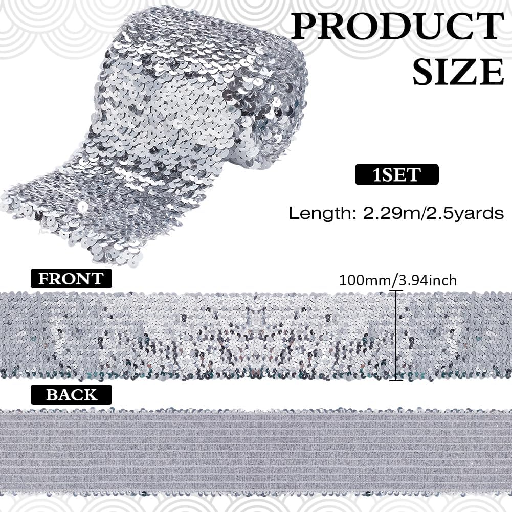 FINGERINSPIRE 2.5 Yards Sequin Trim 4inch Wide Silver Elastic Sequin Ribbon Flat Paillette Lace Bling Paillette Ribbon Metallic Trim for Dress Headband Sewing Craft
