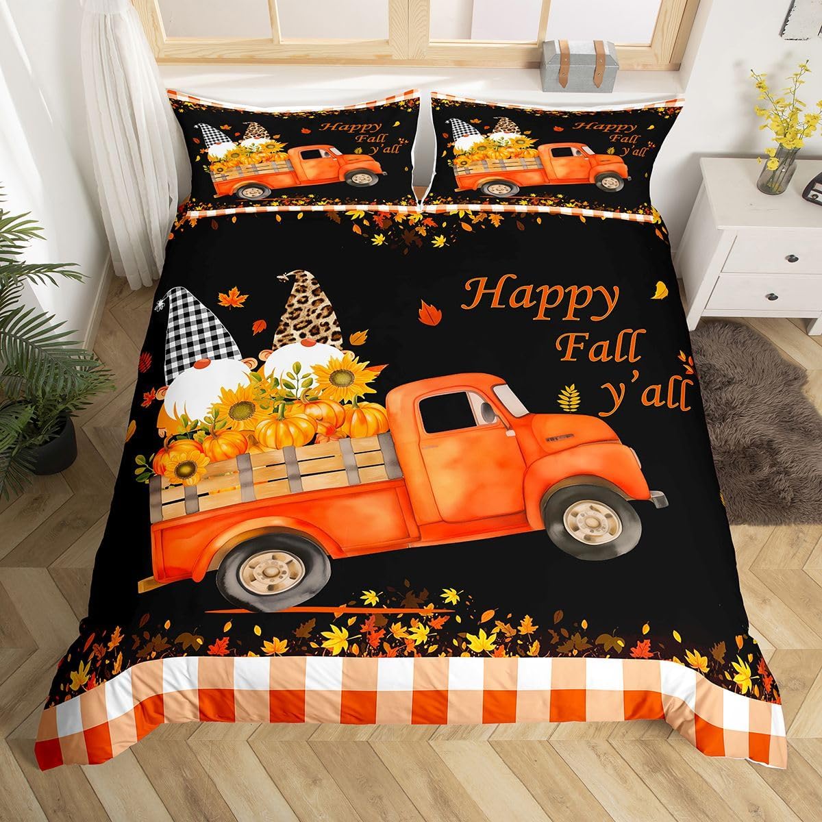 Happy Fall Y'All Duvet Cover For Kids Boys Girls, Thanksgiving Maple Leaf Bedding Set Twin Size Pumpkin Truck Comforter Cover For Bedroom, Sunflower Gnomes Bed Set 2 Pieces With 1 Pillow Case