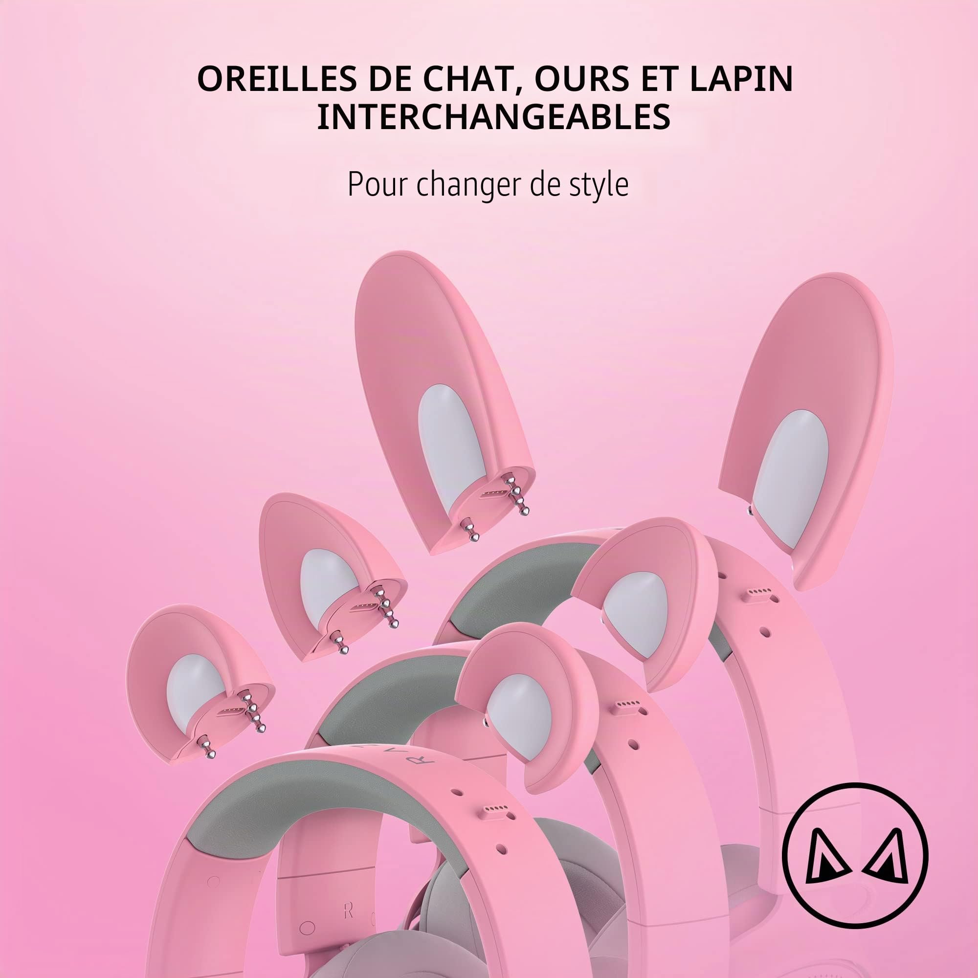 Razer Kraken Kitty V2 Pro Casque filaire RVB : oreilles interchangeables (chaton, ours, lapin) – Éclairage réactif en flux – Micro cardioïde HyperClear détachable – Pilotes de 50 mm – Son surround 7.1