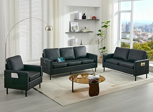 STHOUYN Juego de muebles de sala de estar de 3 piezas, sofá de 3 plazas y sofá biplaza con 2 USB, sofá individual, sofás pequeños modernos para