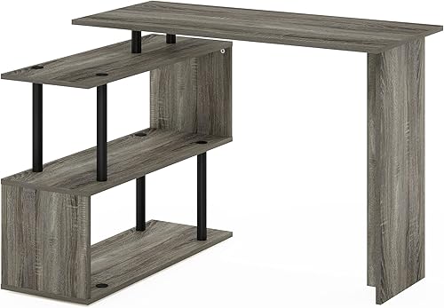 Miniatura 6 de Furinno Moore - Escritorio para computadora en forma de L con estantes de 3 niveles, roble francés Roble