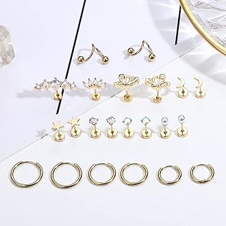 20G Cartilage Earrings Set For Women Men Stainless Steel Small Huggie Hoop Earring Flatback Star Moon Butterfly CZ Cartilage Stud Earrings Chain Dangle Cartilage Helix Tragus Piercing Jewelry