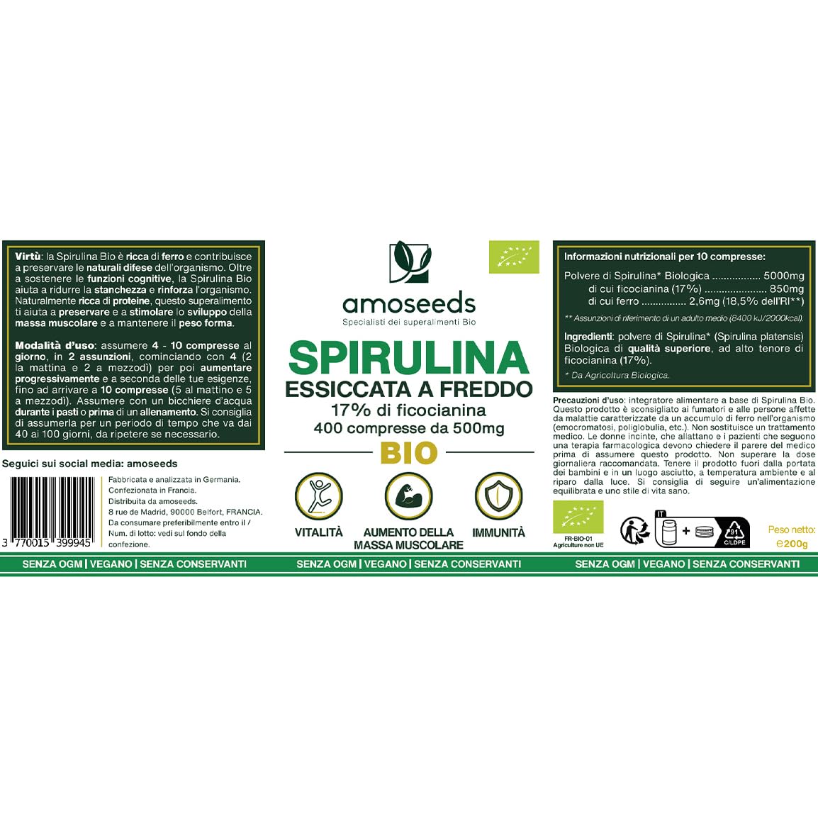Spirulina BIO, 4500mg al giorno | 17% Ficocianina, essiccata a freddo | 400 compresse vegane de 500mg | Vitamine, Diminuisce la stanchezza, Sistema immunitario | Qualità superiore