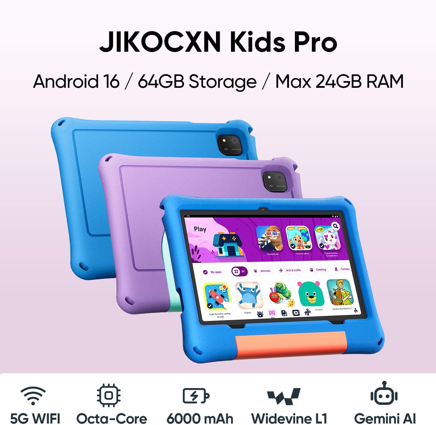 Kids Tablet, Android 16 Tablet for Kids 10 inch Octa-Core with Case, 24GB RAM 64GB ROM 1TB TF Card Expandable for Toddler Children, Parental Control, Dual Camera, BT5.0, WiFi, Gift (Purple)