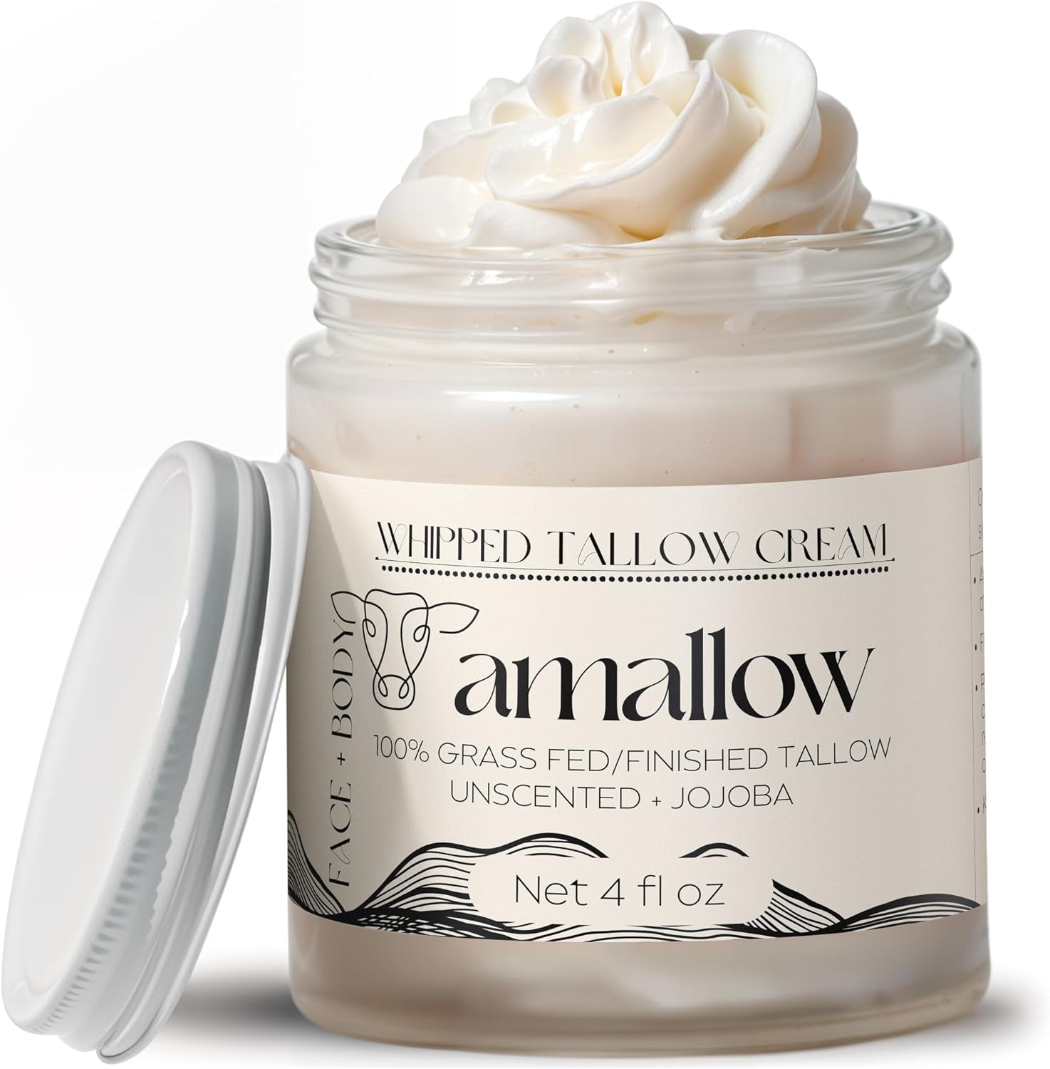 Amallow 100% Grass Fed Beef Tallow for Skin Care – Face + Body – Whipped Moisturizer for Sensitive Skin – Natural Lotion, 4 FL. oz. (Unscented + Jojoba Oil)