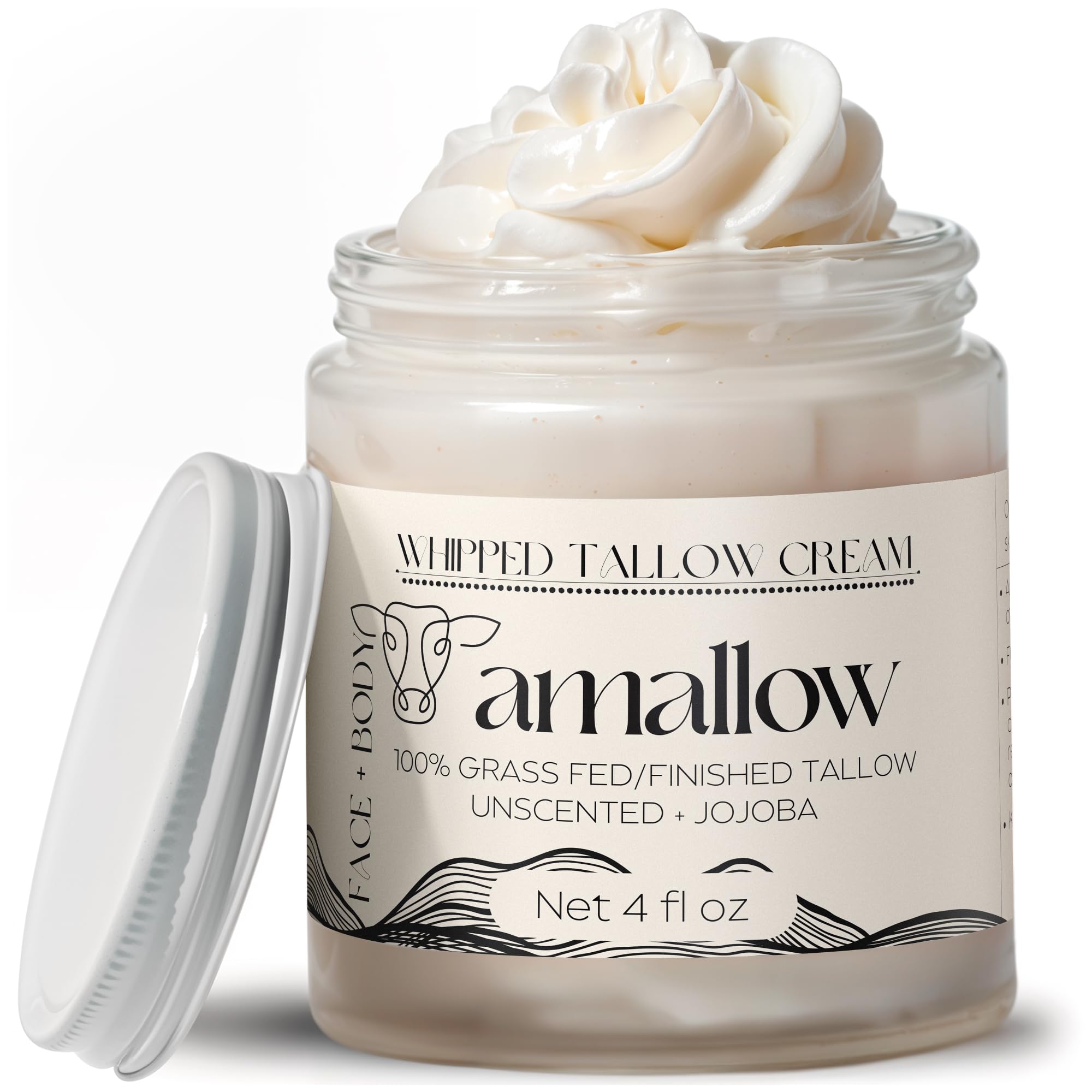 Amallow 100% Grass Fed Beef Tallow for Skin Care - Face + Body - Whipped Moisturizer for Sensitive Skin - Natural Lotion, 4 FL. oz. (Unscented + Jojoba Oil)