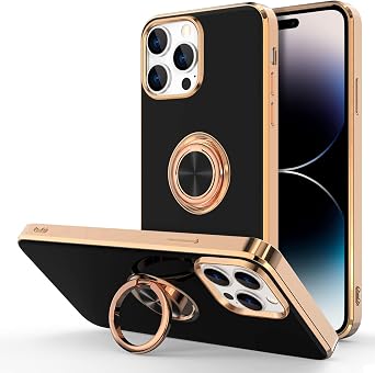 Hython for iPhone 14 Pro Case with Ring Stand [360 Rotatable Ring Holder Magnetic Kickstand] [Support Car Mount] Plated Rose Gold Edge Slim Soft TPU Luxury Protective Phone Case Cover, Black
