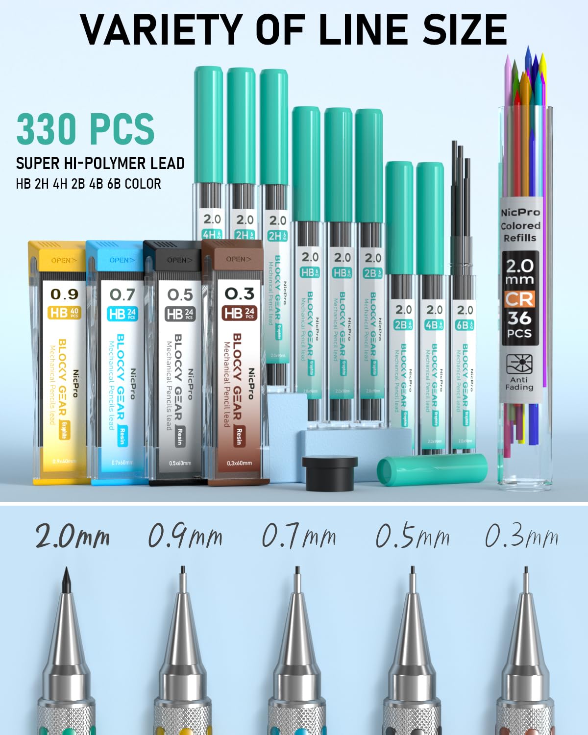 Nicpro Blocky Gear, set di matite meccaniche in metallo con custodia in pelle, 29 matite da disegno artistico da 0,3, 0,5, 0,7, 0,9 e 2 mm, con 330 mine (HB 2H 4H 2B 4B 6B colore) per scrivere schizzi