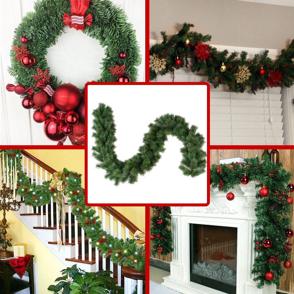 Guirnalda Navidad Escalera Chimeneas, Guirnaldas Navideña Verde Abeto Artificial por Decoración Exterior Interior Hogar Puerta y Pared – 10m