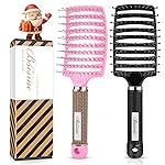 Hair Brush Set, Curved Vented Detangling Hair Brushes for Women Men Kids, Professional Vent Styling Brush for Wet Dry Curly Thick Straight Hair Fast Blow Drying Brush (Pink+ Black)
