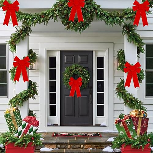 Miniatura 5 de Paquete de 10 lazos rojos decorativos para árbol de Navidad, lazo grande de terciopelo de 9 x 13 pulgadas con borde dorado con purpurina para