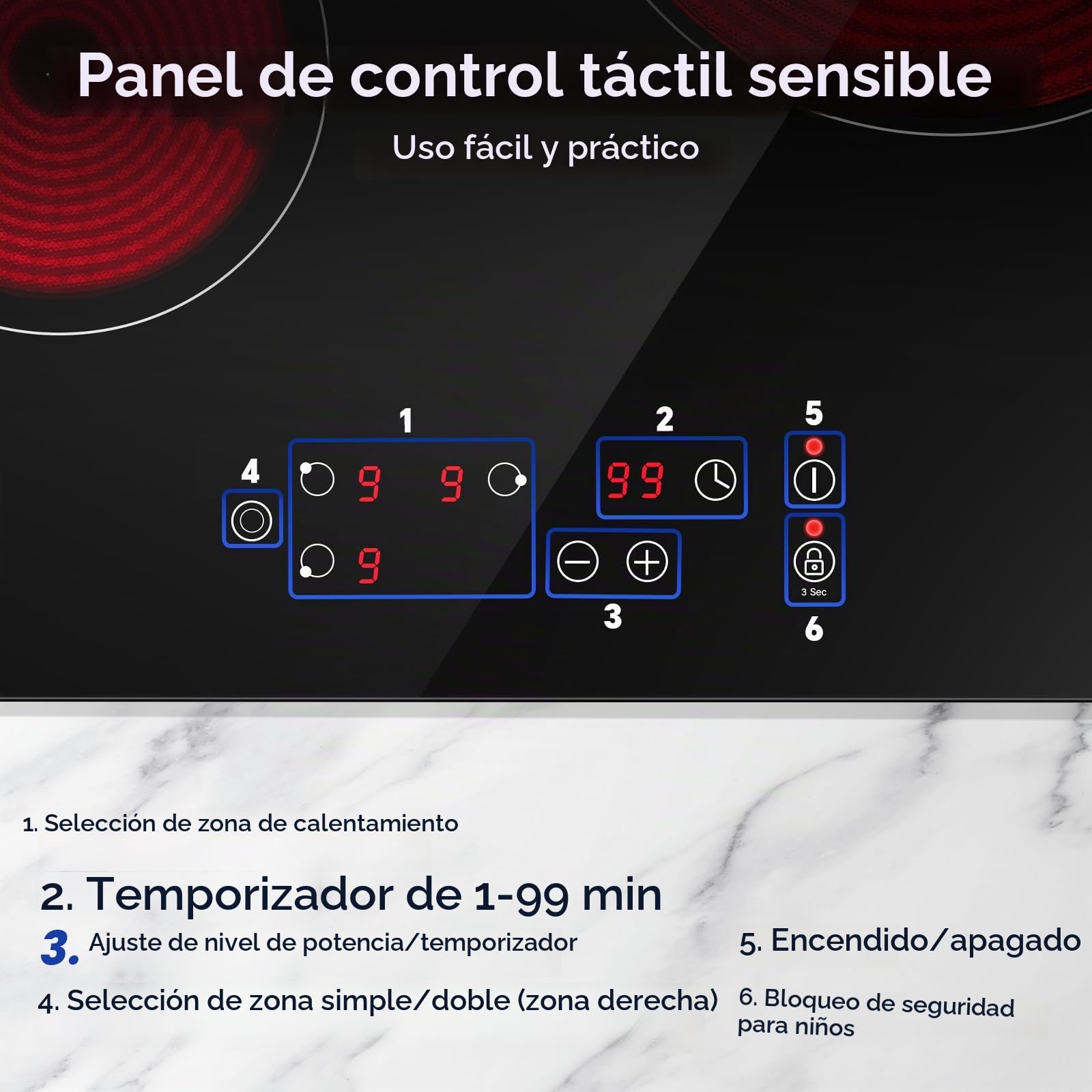 Placa Vitroceramica 3 fuegos 60cm, Control Táctil, 5400W con 9 ajustes de potencia, Temporizador 99 min, Vitrocerámica Eléctrica Negra, Para todas las ollas y sartenes