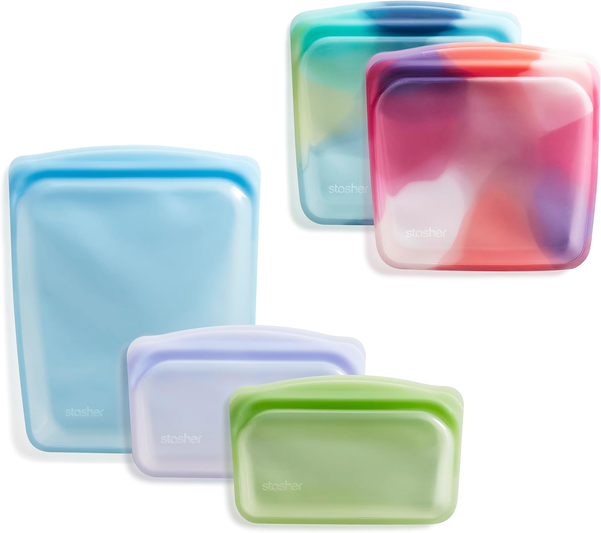 Silicone Reusable Storage Bags, 5-Pack, Reusable Freezer Bags, Microwave, Dishwasher, Oven Safe, Sous Vide, Premium Lunch Containers, Eco Friendly, Food Storage Bags, Snack Bags, Tie Dye