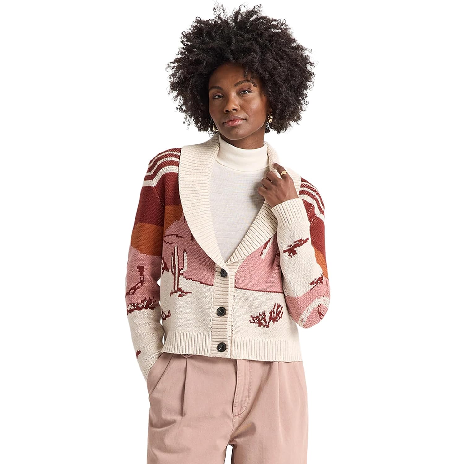 Pendleton Womens Western Scenic Cardigan - 100 Cotton Knit Sweater Jacket Ribbed Collar Washable - Brick Rose Multi